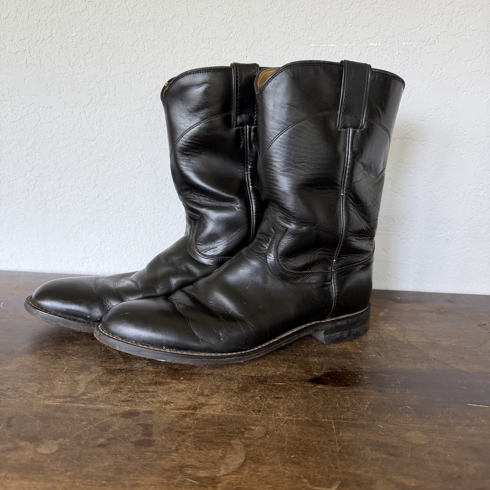 VTG Justin Classic Black Roper Style 3133 Pull On Cowboy Boots Mens Size 10D USA